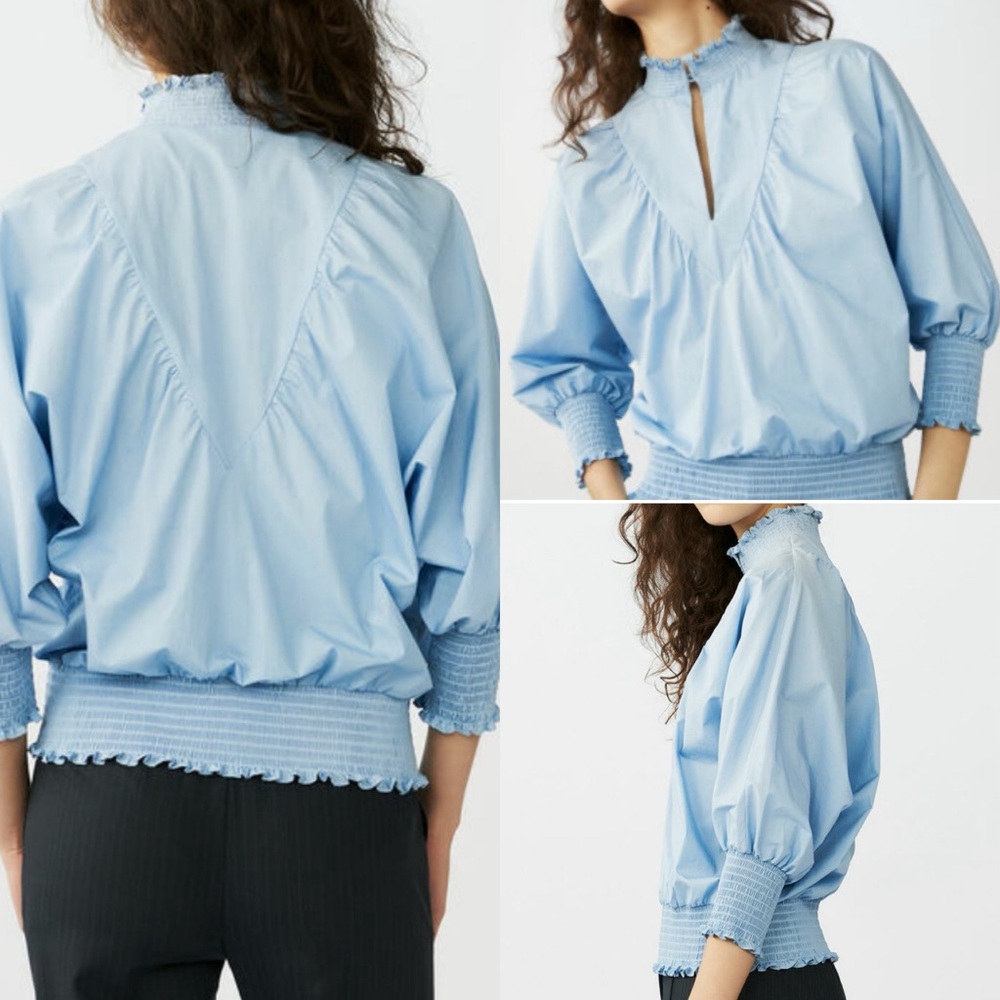 Maje Victorian Inspired High Neck Collard Smocked Puff Sleeves Women's Blouse  S